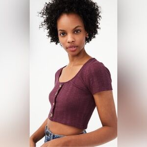 Aeropostale Womens XS Henley, Baby Tee, Ribbed Knit Maroon Button-Front Crop Top